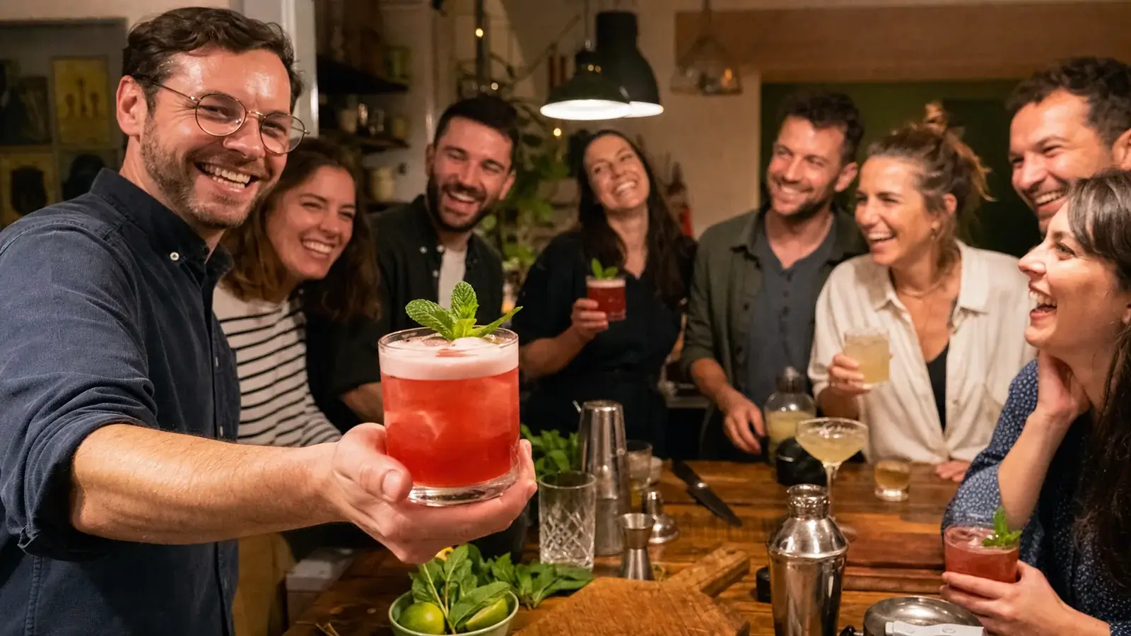 קוקטייל וודקה וקמפרי אדמדם באווירת סדנת קוקטיילים שמחה